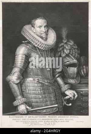 . Portrait von ambrogio spinola, Marchies de los Ball Basen, gekleidet in Rüstung mit einem Kommandantenstab in der Hand. Rechts am Tisch befindet sich der Helm. Stockfoto