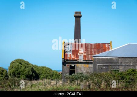 Verlassene Milchfabrik in der Nähe von Stratford, Taranaki, Nordinsel, Neuseeland Stockfoto