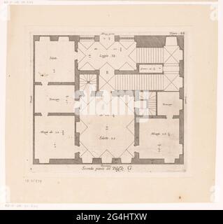 Grundrissplan des ersten Stockwerks des Palazzo Interiano Pallavicini in Genua; zweite Anlage des Gebäudes. G.; Gebäude von Genua / antike Paläste. Mit Italienischer Erklärung. Stockfoto