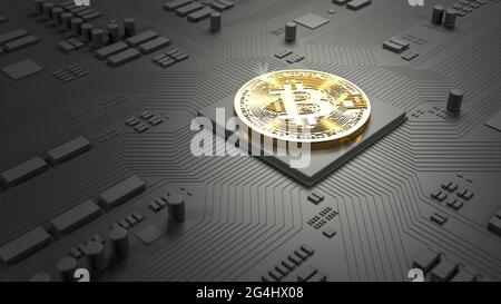 Bitcoin auf einem Chip. Leiterplatte. Bitcoin-Mining-Konzept. Virtuelle Währung. Gold und Dunkelgrau. 3d-Illustration. Stockfoto