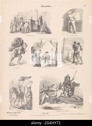 Genrebilder; Munchener Plates; Münchener Bilderbögen. Blatt mit sieben Genreszenen, darunter ein Mann mit einem Sichtschrank und einer Straßenorgel. Unter jedem Bild eine deutsche Bildunterschrift. Oben rechts nummeriert: 257. Unternummeriert: NRO. 257. Stockfoto