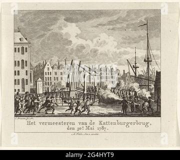 . Die Eroberung der Katzenburger-Brücke zur Insel Kattenburg auf der rebellischen Orange, die von den bewaffneten Amsterdamer Bürgern berühmt war, 30. Mai 1787. Stockfoto