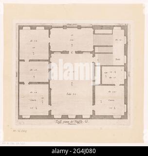 Grundriß des zweiten Stockwerks des Palazzo Interiano Pallavicini in Genua; dritte Palastanlage. G.; Gebäude von Genua / antike Paläste. Mit Italienischer Erklärung. Stockfoto