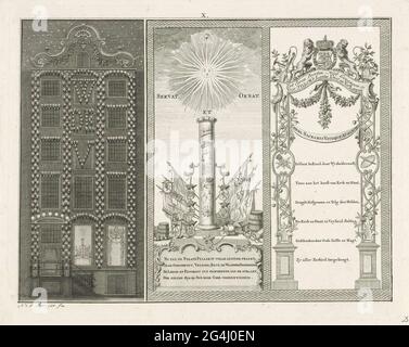 . Die Beleuchtung der Fassade und zwei Dekorationen wurden im Inneren des Hauses von Herrn C. Scholten van Aschat in Amsterdam angebracht. Aus Anlass der Mehrheit von Prinz Willem V am 8. März 1766. Oben nummeriert: X. Stockfoto