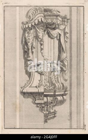 Kanzel mit Vorhängen; Neu Faconirte Orgel-Dredelungen und unterschiedliche Wand Cantzeln (...). Eine Kanzel mit Rocaille-Ornamenten, Blattmotiven und Vorhängen links und rechts. Stockfoto