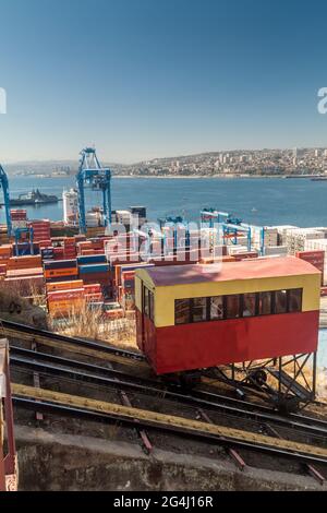 VALPARAISO, CHILE - 29. MÄRZ 2015: Personenbeförderung der Standseilbahn in Valparaiso, Chile. Stockfoto