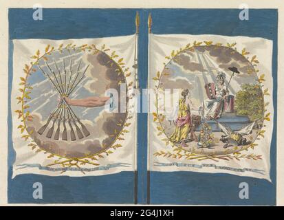 Vorder- und Rückseite einer Banane der Amsterdamer Übung Freude an der Nützlichkeit der Schuttery, 1786. Vorder- und Rückseite einer Banane der Amsterdamer Übung Joy to Nut der Schuttery, 1786. Links die Seite mit dem Emblem mit einem Arm aus den Wolken mit sieben Guns in der Hand und dem Motto: 's Folk Stretch. Auf der rechten Seite der anderen Seite mit dem Emblem mit der niederländischen Jungfrau mit Löwen und Provinzwaffen, die für die Freiheit stehen, mit Amsterdams Stadtwaffe in Herrlichkeit an einer abgerissenen Säule. Dabei das Motto: Bis Nut der Schuttery. Stockfoto