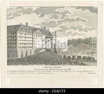 . Die Eroberung der Katzenburger-Brücke zur Insel Kattenburg auf den rebellischen Orangen-Zonen durch die bewaffneten Amsterdamer Bürger, 30. Mai 1787. Für die Brücke eine riesige Menschenmenge, links 's National Sea Magazin. In der Bildunterschrift die Legende A-D, in der B der Matrose von fünfzehn Jahren ist, der von der Zugbrücke abführte. Stockfoto