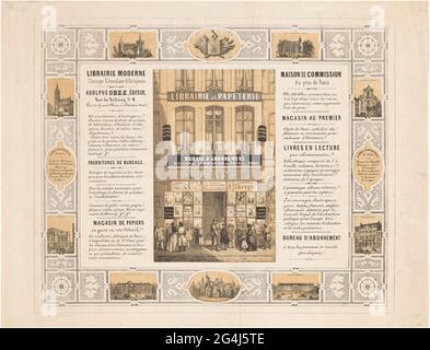 Plakat der Buchhandlung Adolphe Obez in Douai. Männer, Frauen und Kinder für das Fenster der Buchhandlung Adolphe Obez in der Rue de Bellain in Douai. In einem Bilderrahmen mit einer Waffe und unter der riesigen Familie gayant. Rund acht Gebäude in Douai, darunter das Theater, der Justizpalast und das Krankenhaus. Stockfoto