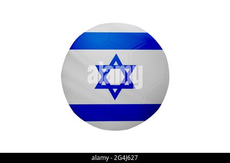 Fußball in den Farben der israelischen Flagge isoliert auf weißem Hintergrund. In einem konzeptionellen Meisterschaftsbild, das Israel unterstützt. Stockfoto