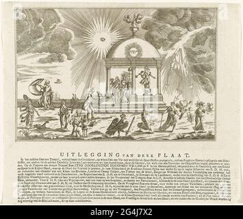 . Allegorie auf die Wiederherstellung von Stadholder Willem V im Jahr 1787. Der Stadholder, der im Tempel der Religion steht, erhält Hut und Säbel von einem Patrioten, der seine Waffe treibt, rechts vom Ruhm. Im Vordergrund eine Reihe von Figuren: Der preußische Adler vertreibt Neid, Lüge und Bösartigkeit. Auf der linken Seite die Segnungen, die die Wiederherstellung des Friedens Gehirn. In der Luft das legierende Auge. Auf dem Blatt unter der Platte ein Statement der Show. Stockfoto