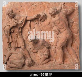 . Der kunstvoll verzierte Raum im Rathaus war das Vierschaar, wo Todesurteile ausgesprochen wurden. Drei Marmorreliefs über den Richtersitzen illustrieren beispielhafte Urteile aus der Antike oder der Bibel. Dies ist das Vorbild für die Erleichterung des Urteils von Brutus, einem römischen Konsul, der seine eigenen Söhne enthaupten ließ, weil er sich gegen ihn verschworen hatte – ein Vorbild der Gerechtigkeit. Stockfoto