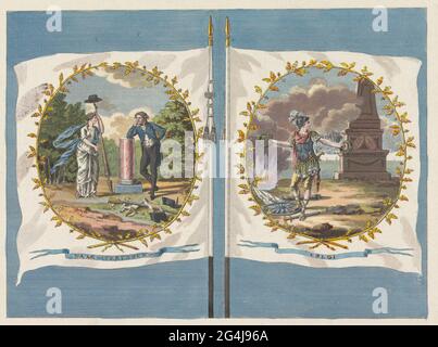 Vorder- und Rückseite einer Banane der Amsterdamer Übung Freude an der Nützlichkeit der Schuttery, 1786. Vorder- und Rückseite eines Banners der Amsterdamer Übung Freude an der Nützlichkeit der Schuttery, 1786. Links die Seite mit dem Emblem mit Freiheit und einem Bürger, der sich an einer abgerissenen Säule lehnt. Dabei das Motto: Watch! Vertrauen! Rechts die andere Seite mit dem Emblem mit einem römischen Krieger mit Kränzen in den Händen, die zwischen Feuer und Grube stehen. Dabei das Motto: Follow!. Stockfoto
