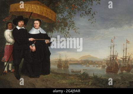 VOC Senior Merchant. Die Figur links ist ein Kaufmann der Dutch East India Company (VOC), wahrscheinlich Jakob Martensen, neben seiner Frau. Hinter ihnen hält ein Sklave einen Sonnenschirm, einen Pajong, über ihren Kopf. Dies war ein Statussymbol in der javanesischen Kultur. Im Hintergrund ist das Schloss Batavia zu sehen. Auf der rechten Seite fährt die Firmenflotte vor Anker, bereit, in die Niederlande zurückzukehren. Der Kaufmann zeigt auf die Schiffe und zeigt damit seine Beteiligung an. Stockfoto