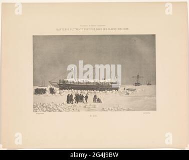 Batterie Flottant Fortifiee Dance Les Glaces 1854-1855; Souvenirs De Marine conservés: Collection De Plans Ou Dessins die Naviere Existants Ou Disparus .... schwimmende Batterie auf dem Eis. Im Vordergrund Männer mit Säge und Äxten. Auf der linken Seite versuchen die Männer, das französische Schiff mit langen Stöcken zu befreien. Im Hintergrund drei Schiffe und eine Schlinge. Teller 208 von 'Souvenirs De Marine conservés ...'. Stockfoto