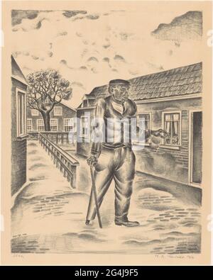 Mann mit Holzbein und Gehstock. Der Mann geht in eine Straße mit Häusern auf beiden Seiten. Stockfoto