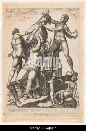 DIRCE ist an einen Bullen gebunden; Farnese-Bulle. Antike Skulptur, bekannt als farnese Stier. Die Broers Amphion und Zuslus binden das geflochtene Haar von DIRCE an die Hörner eines Bullen. Drei Spalten lateinischer Text im Unterholz. Stockfoto