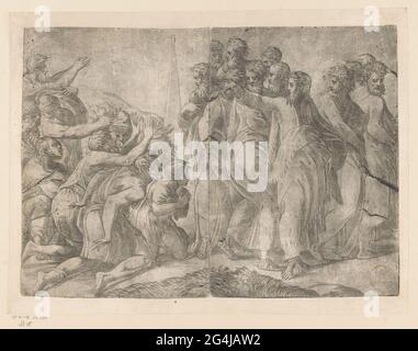 Christus heilt Leprakranke. Christus mit den Aposteln und einer Gruppe Aussätzigen. Ein Obelisk im Hintergrund. Stockfoto