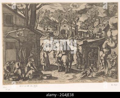 Dezember: Dorps-Szene mit Gasthof (Steinbock); Dicembre; die zwölf Monate (Teil 1). Die Phantasie der menschlichen Tätigkeit im Monat Dezember. Blick auf einen Dorfplatz mit Metzgern, einem Gasthof und einem Viehmarkt. In der Mitte über dem Symbol für das Sternzeichen Steinkochensymbol. Italienisch frisch und Titel in Undermarge. Stockfoto