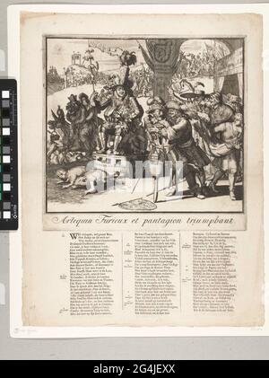 . Karikatur zu Louis XIV (Harlekijn) und Lodewijk, Dauphin, Frankreich, 1689. Der Dauphin sein Vater Ludwig XIV. Wird auf einem Triumphzug durch Kröten von einem deutschen Soldaten angehalten, um anzuziehen. Rechts der Papst und der Kardinal von Fürstenberg. Auf dem linken Flug der Jesuitenpater Peters (Edward Petre) mit Maria von Modena und dem armen Kind Jacobus Frans Eduard auf einem Esel. Im Hintergrund Jacobus II und Willem III. Unter der Show ein Vers in 3 Spalten mit einer Erklärung der Zahlen 1-12 auf Niederländisch. Stockfoto