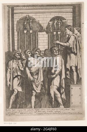 Trajan verspricht Frieden; Bas-Reliefs auf dem Konstantinsbogen. Der römische Kaiser Trajanus ist nach Rom zurückgekehrt und verspricht einer Gruppe von Schreibtischen der Barbaren Frieden. In der Unterlänge eine Zeile Text in Latein und eine Zeile Text in Italienisch. Stockfoto