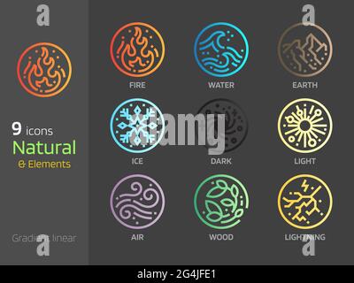 Natürliche Symbolkonzepte Gradienten-Symbol im linearen Stil. Erde, Wasser, Wind, Feuer 4 Elemente Zeichen. Einliniges Design in Kreisform Stock Vektor