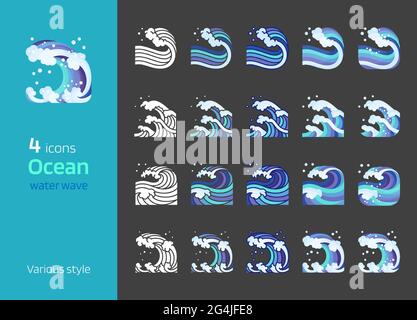 Ozean Wasser Welle Meer Symbol verschiedenen Stil Illustration. Farbige Linie, Silhouette, flach, detailreich glänzend. Quadratische Zusammensetzung. Stock Vektor