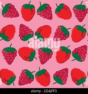 Nahtloses Muster mit süßen Erdbeeren, Himbeeren auf einem rosa isolierten Hintergrund. Minimalistischer Hintergrund im Sommer Stock Vektor