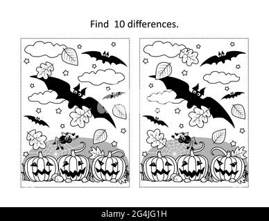 Finden Sie 10 Unterschiede visuelle Puzzle und Malvorlagen mit Halloween Fledermäuse fliegen über dem Kürbisfeld Stockfoto