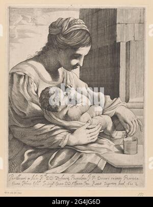 Maria mit Kind; Madonna della Pappa. Maria mit dem Christkind in den Armen. Sie füttert ihn mit ihren Händen aus einem kleinen Topf, der sich rechts befindet. Einsatz im Untermarsch. Stockfoto