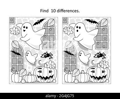 Finden Sie 10 Unterschiede visuelle Puzzle und Malvorlagen mit Halloween Geister spielen in alten Burg Innenraum Stockfoto