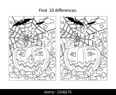 Finden Sie 10 Unterschiede visuelle Puzzle und Malvorlagen mit Halloween Kürbis, Fledermäuse, Spiderweb Stockfoto