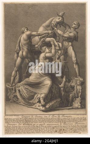 DIRCE ist an einen Stier gebunden; Farnese Bulle; Gruppo di Statue, Detto Il Toro di Farnese / Groupe des Statues, Q 'on Appelle Community Le Taureau Farnese. Antike Skulptur, bekannt als farnese Stier. Die Broers Amphion und Zuslus binden das geflochtene Haar von DIRCE an die Hörner eines Bullen. In Titeln mit Unterrand, fünfzeiliger italienischer Text und siebenzeiliger französischer Text. Stockfoto