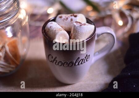 Becher mit heißer Schokolade und Salmmil Stockfoto