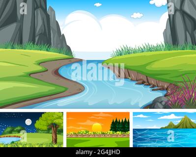 Vier verschiedene Szenen von Naturpark und Wald Illustration Stock Vektor