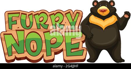 Furry Nope Schrift Banner mit schwarzen Bär Cartoon Charakter isoliert Illustration Stock Vektor