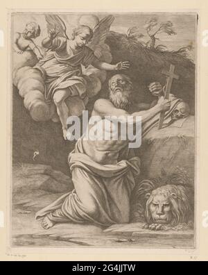 Der heilige hieronymus in der Wüste. Ein Engel und ein Putto erscheinen auf dem heiligen hieronymus. Hieronymus kniet in der Wildnis mit einem Kruzifix in der Hand. Es gibt einen Löwen für ihn. Stockfoto