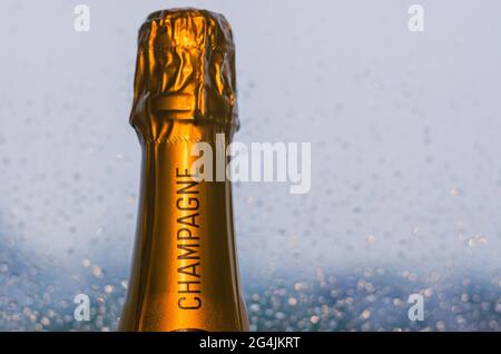 Oben auf einer glänzenden Champagner-Flasche mit einem Regentropfen auf dem Fensterhintergrund. Stockfoto