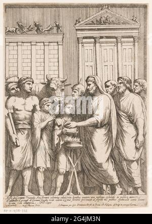 Marcus Aurelius als höchster Priester; Bas-Reliefs auf dem Konstantinsbogen. Der römische Kaiser Marcus Aurelius führt als höchster Priester (Pontifex Maximus) ein Opferritual an. Es gibt mehrere Figuren und einen Stier um ihn herum. Links spielt ein Blaseninstrument und hält einen jungen Mann eine Axt in der Hand. In der Unterlänge eine Textzeile in Latein und zwei Textzeilen in Italienisch. Stockfoto