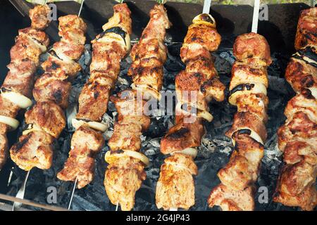 Marinierte schaschlik Vorbereitung auf einem Grill über Kohle. Schaschlik oder Shish Kebab populär in Osteuropa. (Shashlyk aufgespießt Fleisch) war Ursprung Stockfoto