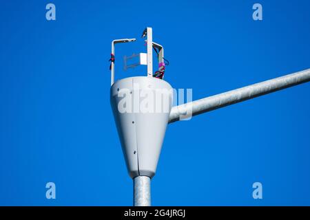 Die Installation einer Kleinzellenantenne an einem Lampenpfosten wird gerade durchgeführt. Antennenschutzverkleidung entfernt, Kabel, Ausrüstung sind sichtbar. Nahaufnahme Stockfoto