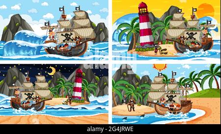 Set aus verschiedenen Strandszenen mit Piratenschiff-Illustration Stock Vektor