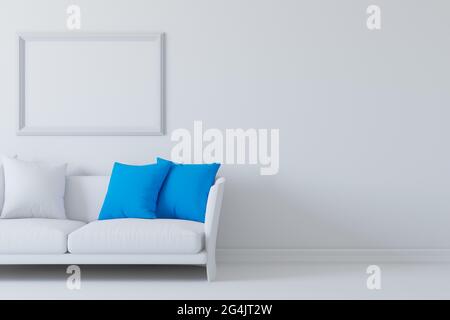 Weißes Zimmer mit Sofa und Bilderrahmen an der Wand. 3d-Rendering Stockfoto