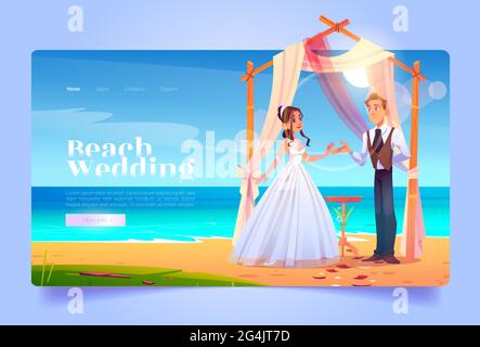 Strandhochzeit Cartoon Landing Page, Braut und Bräutigam heiraten unter drapierten Bogen am Meer. Heirat Trauerfeier, Bambus Torbogen am Meer sandigen Ufer mit Blütenblättern, Vector Web Banner Stock Vektor