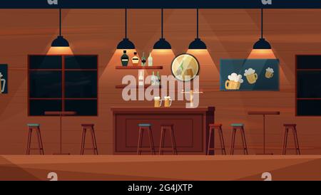 Bierbar Cartoon Vektor Innenraum. Theke, Regale mit Alkoholflaschen, Tische und Stühle. Stock Vektor
