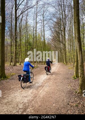 Zwei ältere kaukasische Menschen, die im Sonischen Wald, in der Nähe des belgischen Brüsseler Aera, Fahrrad fahren Stockfoto