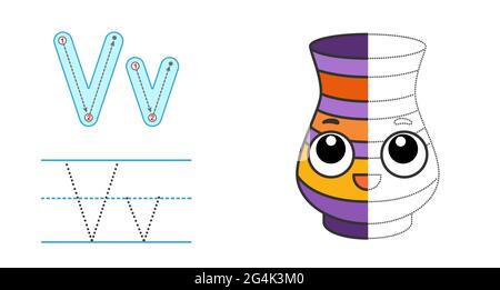 Zeichnen Sie den Buchstaben und das Bild nach, und färben Sie es ein. Pädagogische Kinder verfolgen Spiel. Farbalphabet. Buchstabe V und lustige Vase Stock Vektor