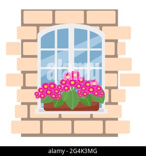 Schachtel mit Blumen am Fenster, Ziegelwand mit rot-weißem Fenster, Vektorgrafik im flachen Stil, Cartoon, isoliert Stock Vektor