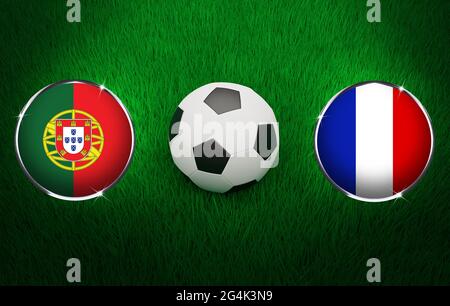 3D-Darstellung des Fußballs Portugal gegen Frankreich. Moderne Fußballspiel-Konzept-Tapete Stockfoto