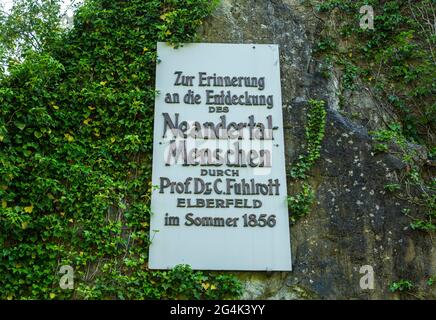 Deutschland, Erkrath, Bergisches Land, Niederbergisches Land, Niederberg, Rheinland, Nordrhein-Westfalen, NRW, Menschheitsgeschichte, Ausgrabungen, Archäologische Stätte Neandertal, Rabenstein-Felsen am Eingang zur Provenienzgrotte Feldhof, wo menschliche Überreste des Neandertalers Homo sapiens neanderthalensis gefunden wurden, Gedenktafel an Johann Carl Fuhlrott Stockfoto